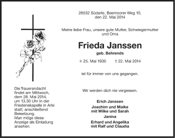 Traueranzeige von Frieda Janssen von Ostfriesischer Kurier