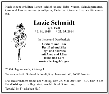 Traueranzeige von Luzie Schmidt von Ostfriesischer Kurier