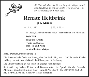 Traueranzeige von Renate Heitbrink von Ostfriesischer Kurier