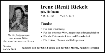 Traueranzeige von Irene  Rickelt von Ostfriesischer Kurier