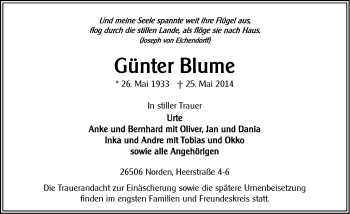 Traueranzeige von Günter Blume von Ostfriesischer Kurier