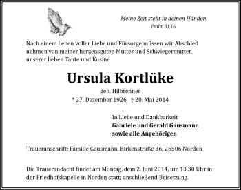 Traueranzeige von Ursula Kortlüke von Ostfriesischer Kurier