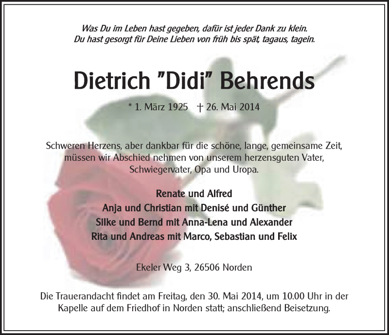  Traueranzeige für Dietrich Behrends vom 28.05.2014 aus Ostfriesischer Kurier