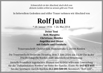 Traueranzeige von Rolf Juhl von Ostfriesischer Kurier
