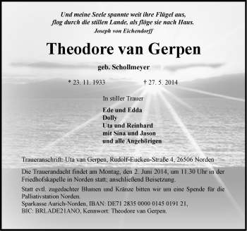 Traueranzeige von Theodore van Gerpen von Ostfriesischer Kurier