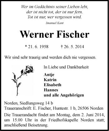 Traueranzeige von Werner Fischer von Ostfriesischer Kurier