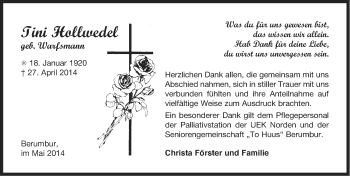 Traueranzeige von Tini Hollwedel von Ostfriesischer Kurier