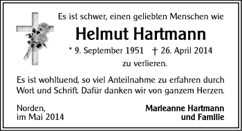 Traueranzeige von Helmut Hartmann von Ostfriesischer Kurier
