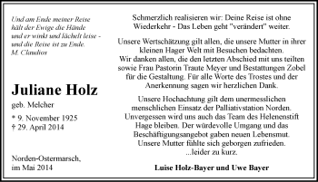 Traueranzeige von Juliane Holz von Ostfriesischer Kurier