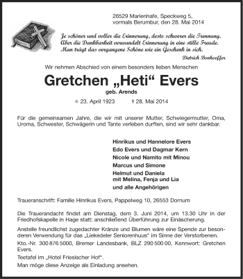 Traueranzeige von Gretchen Evers von Ostfriesischer Kurier