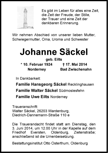 Traueranzeige von Johanne Säckel von Ostfriesischer Kurier