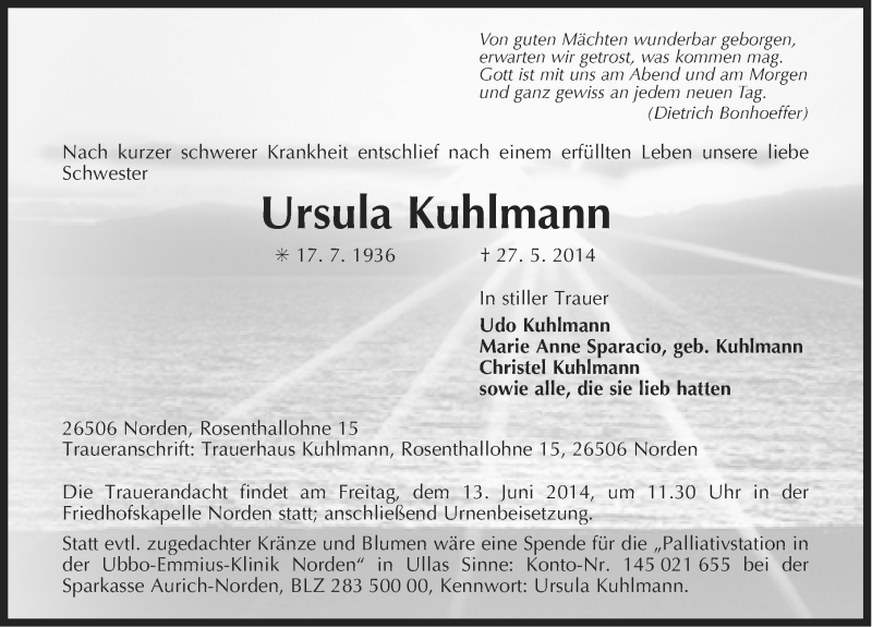  Traueranzeige für Ursula Kuhlmann vom 31.05.2014 aus Ostfriesischer Kurier