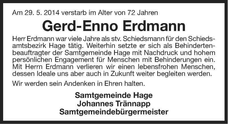  Traueranzeige für Gerd-Enno Erdmann vom 03.06.2014 aus Ostfriesischer Kurier