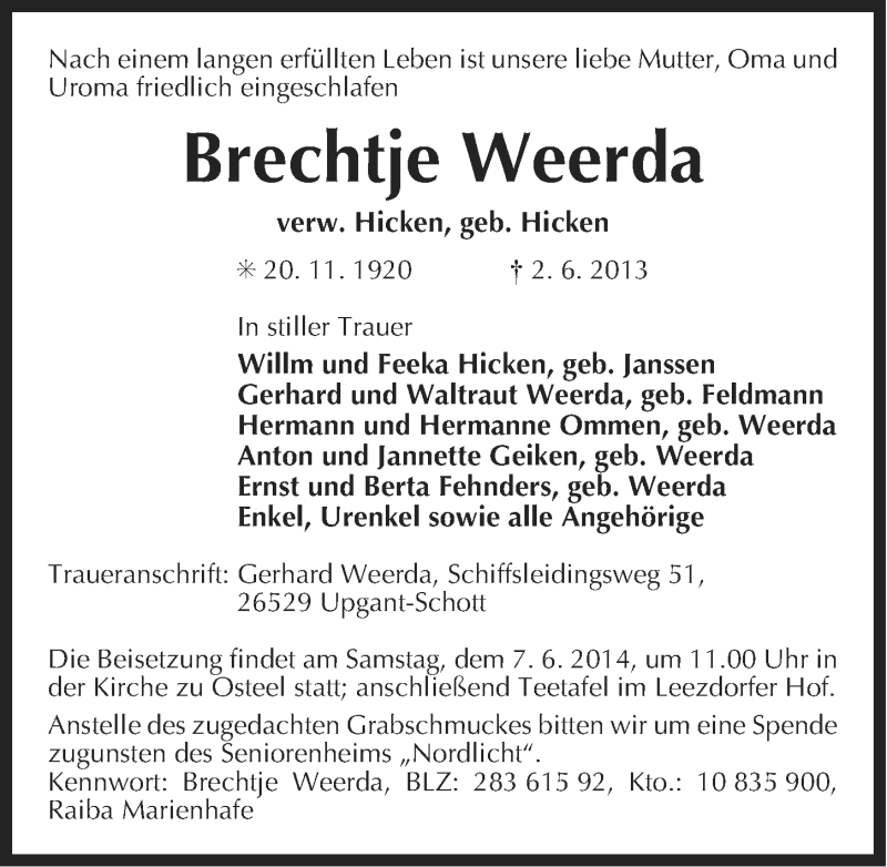  Traueranzeige für Brechtje Weerda vom 04.06.2014 aus Ostfriesischer Kurier