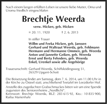 Traueranzeige von Brechtje Weerda von Ostfriesischer Kurier