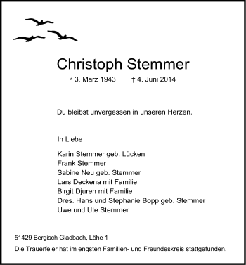 Traueranzeige von Christoph Stemmer von Ostfriesischer Kurier
