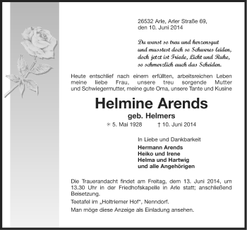 Traueranzeige von Helmine Arends von Ostfriesischer Kurier