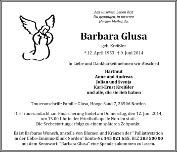 Traueranzeige von Barbara Glusa von Ostfriesischer Kurier