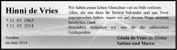 Traueranzeige von Hinni de Vries von Ostfriesischer Kurier