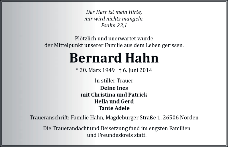  Traueranzeige für Bernard Hahn vom 12.06.2014 aus Ostfriesischer Kurier