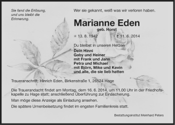 Traueranzeige von Marianne Eden von Ostfriesischer Kurier