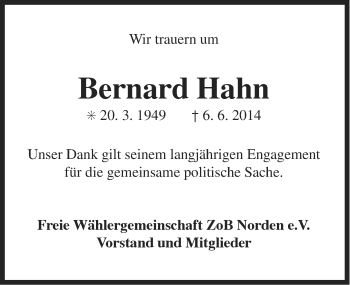 Traueranzeige von Bernard Hahn von Ostfriesischer Kurier