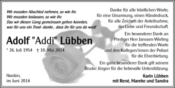 Traueranzeige von Adolf Addi Lübben von Ostfriesischer Kurier