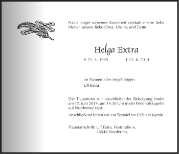 Traueranzeige von Helga Extra von Ostfriesischer Kurier