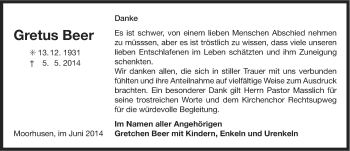 Traueranzeige von Gretus Beer von Ostfriesischer Kurier