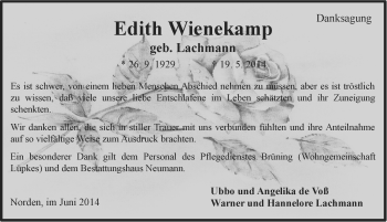 Traueranzeige von Edith Wienekamp von Ostfriesischer Kurier
