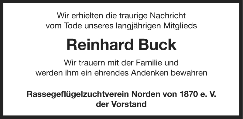  Traueranzeige für Reinhard Buck vom 14.06.2014 aus Ostfriesischer Kurier