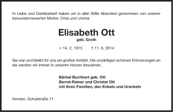 Traueranzeige von Elisabeth Ott von Ostfriesischer Kurier