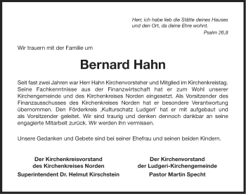 Traueranzeige von Bernard Hahn von Ostfriesischer Kurier