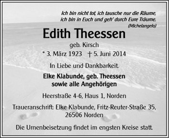 Traueranzeige von Edith Theessen von Ostfriesischer Kurier