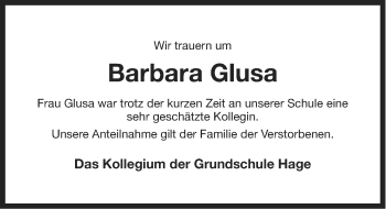 Traueranzeige von Barbara Glusa von Ostfriesischer Kurier