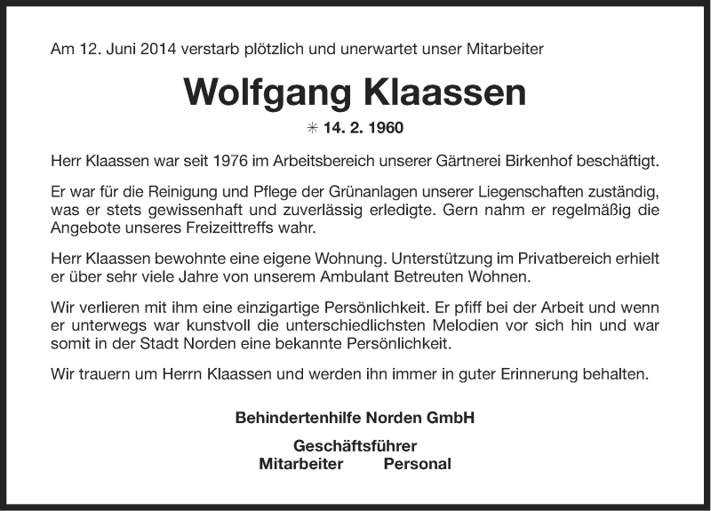  Traueranzeige für Wolfgang Klaassen vom 14.06.2014 aus Ostfriesischer Kurier
