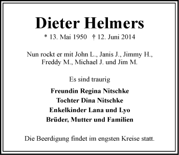 Traueranzeige von Dieter Helmers von Ostfriesischer Kurier