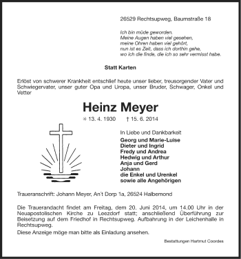 Traueranzeige von Heinz Meyer von Ostfriesischer Kurier