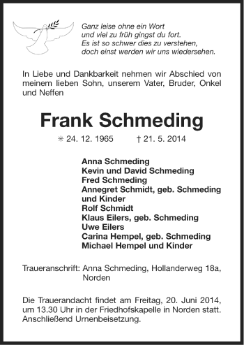 Traueranzeige von Frank Schmeding von Ostfriesischer Kurier