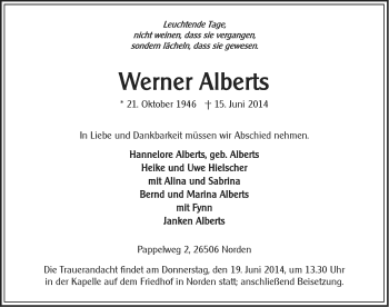 Traueranzeige von Werner Alberts von Ostfriesischer Kurier