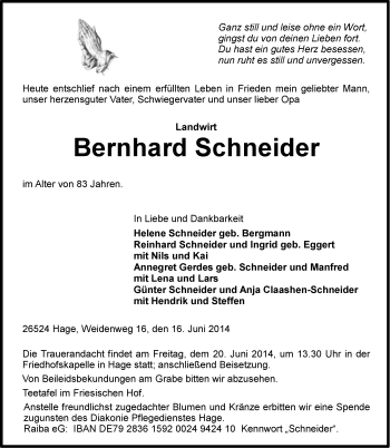 Traueranzeige von Bernhard Schneider von Ostfriesischer Kurier