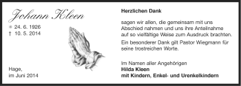 Traueranzeige von Johann Kleen von Ostfriesischer Kurier