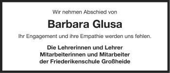 Traueranzeige von Barbara Glusa von Ostfriesischer Kurier