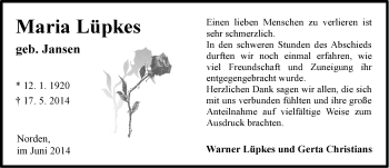 Traueranzeige von Maria Lüpkes von Ostfriesischer Kurier