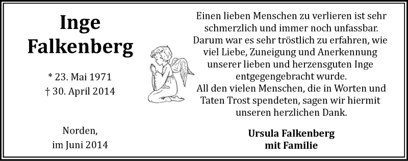  Traueranzeige für Inge Falkenberg vom 21.06.2014 aus Ostfriesischer Kurier