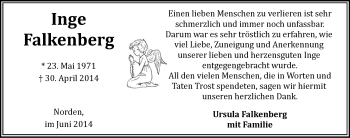 Traueranzeige von Inge Falkenberg von Ostfriesischer Kurier