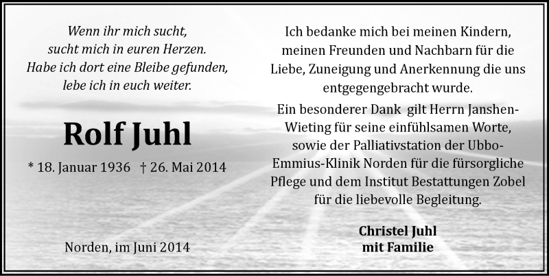  Traueranzeige für Rolf Juhl vom 21.06.2014 aus Ostfriesischer Kurier