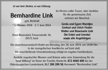 Traueranzeige von Bernhardine Link von Ostfriesischer Kurier