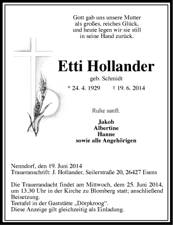 Traueranzeige von Etti Hollander von Ostfriesischer Kurier