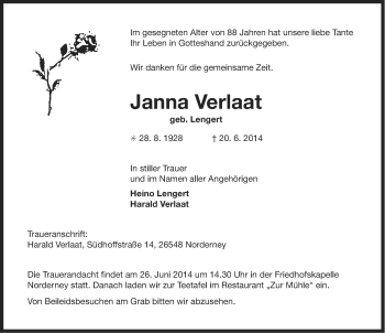 Traueranzeige von Janna Verlaat von Ostfriesischer Kurier